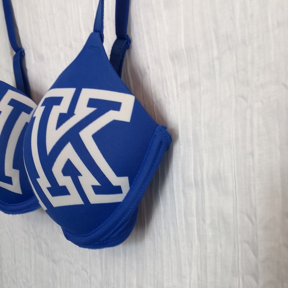 VICTORIAS SECRET PINK womans SZ 32D padded underwire bra blue white pink logo - Picture 11 of 13